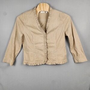 Chico's Jacket Womens 3 XL Beige Ruffle Trim Textured Open Front Blazer Lined